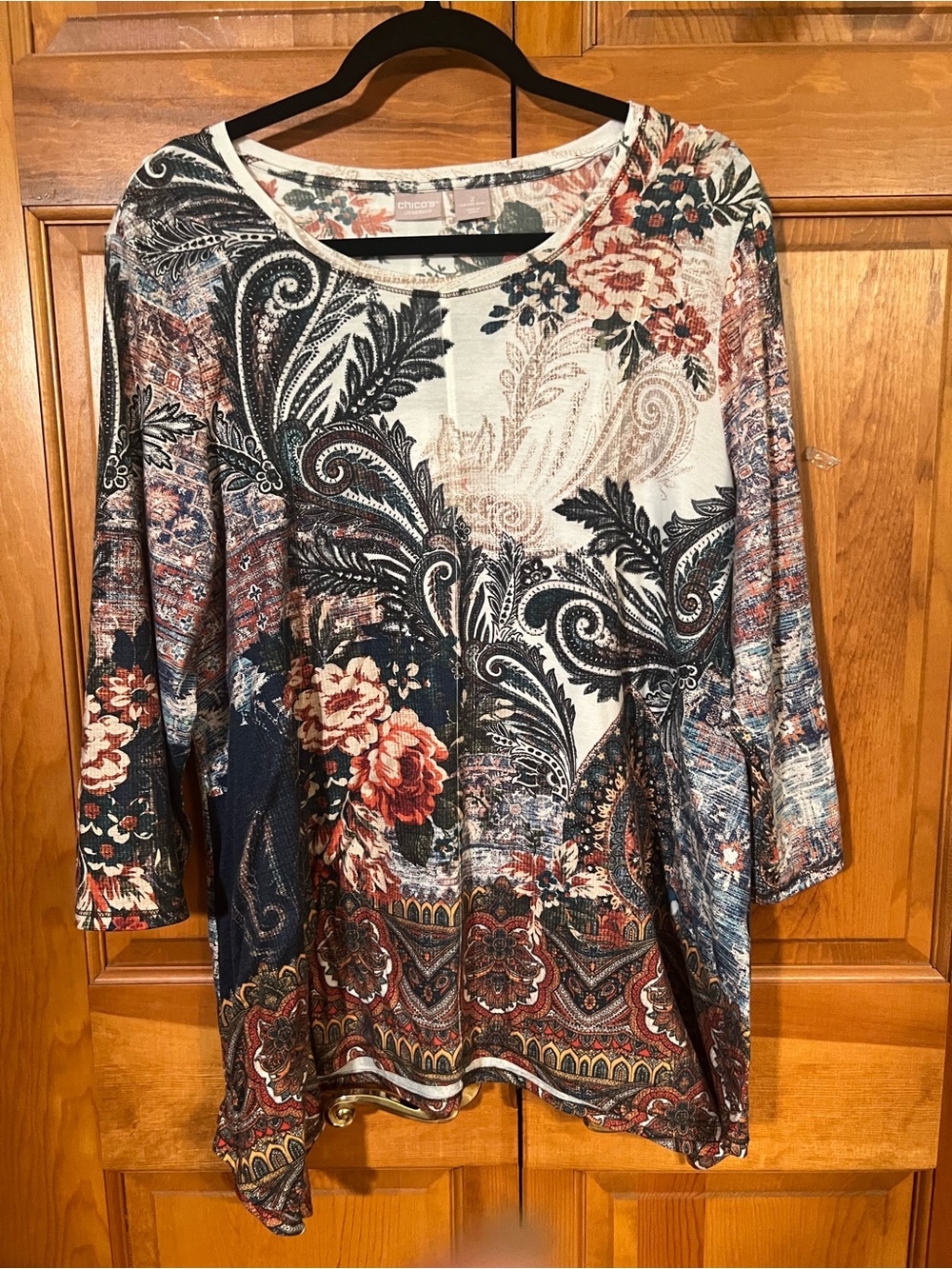 Chico's Mixed Floral Paisley Long Sleeve Top - Navy, Rust & Cream